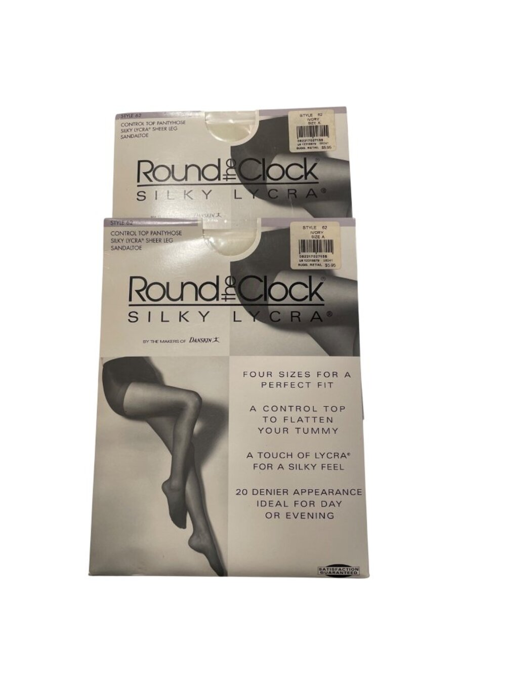 Bundle of 2 Round the Clock Vintage Silky Lycra Pantyhose Ivory Sz A